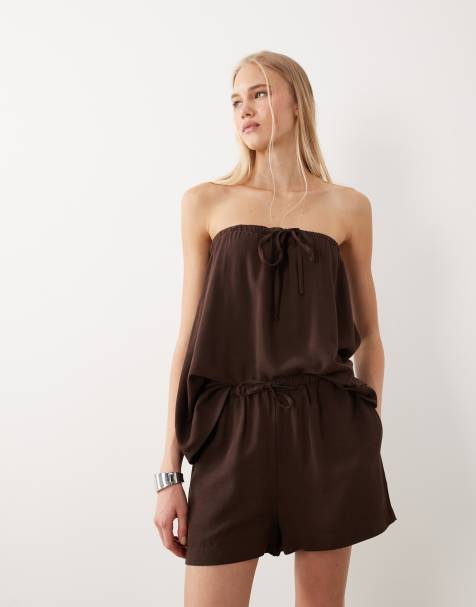 ASOS DESIGN linen blend pull-on deep turn shorts in chocolate - part of a set - view 1
