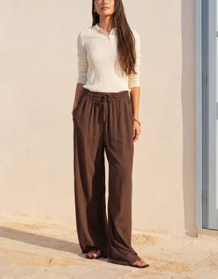 Asos Design Linen Blend Pull-on Drawstring Waist Wide Leg Pants In Brown