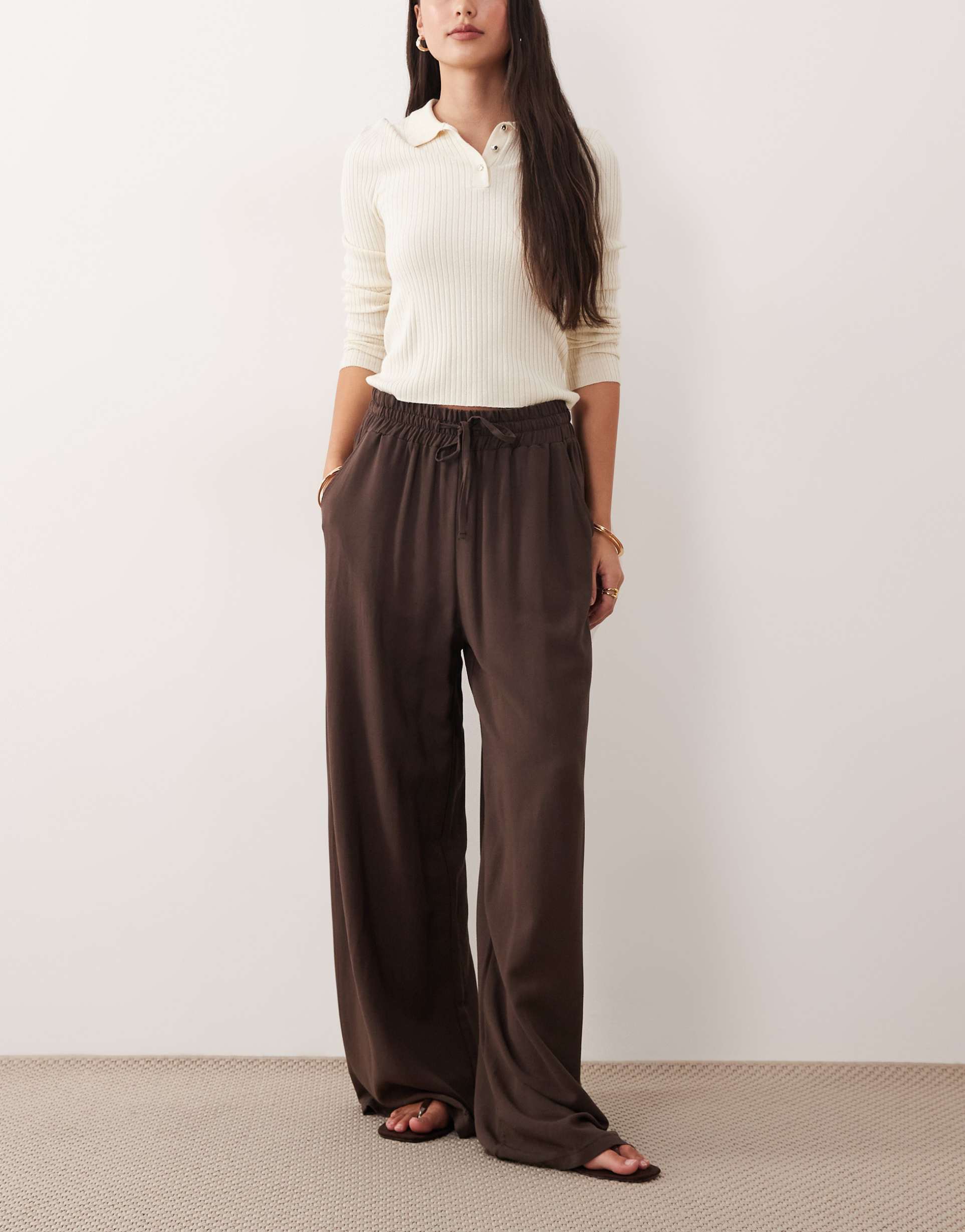 asos design linen blend pull-on drawstring waist wide leg pants in chocolate