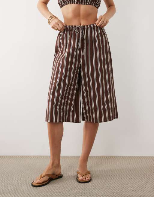 ASOS DESIGN linen blend pull on longline short in brown stripe co ord, 2 of 5