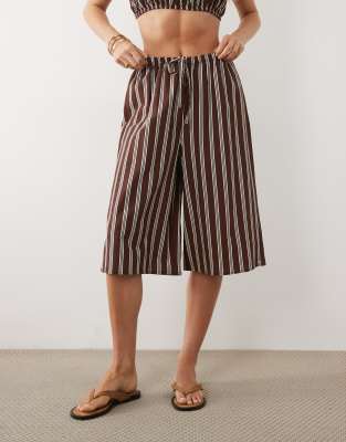 Asos Design Linen Blend Pull On Longline Shorts In Brown