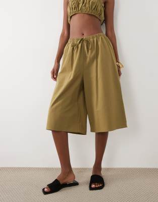 Asos Design Linen Blend Pull On Longline Shorts In Green