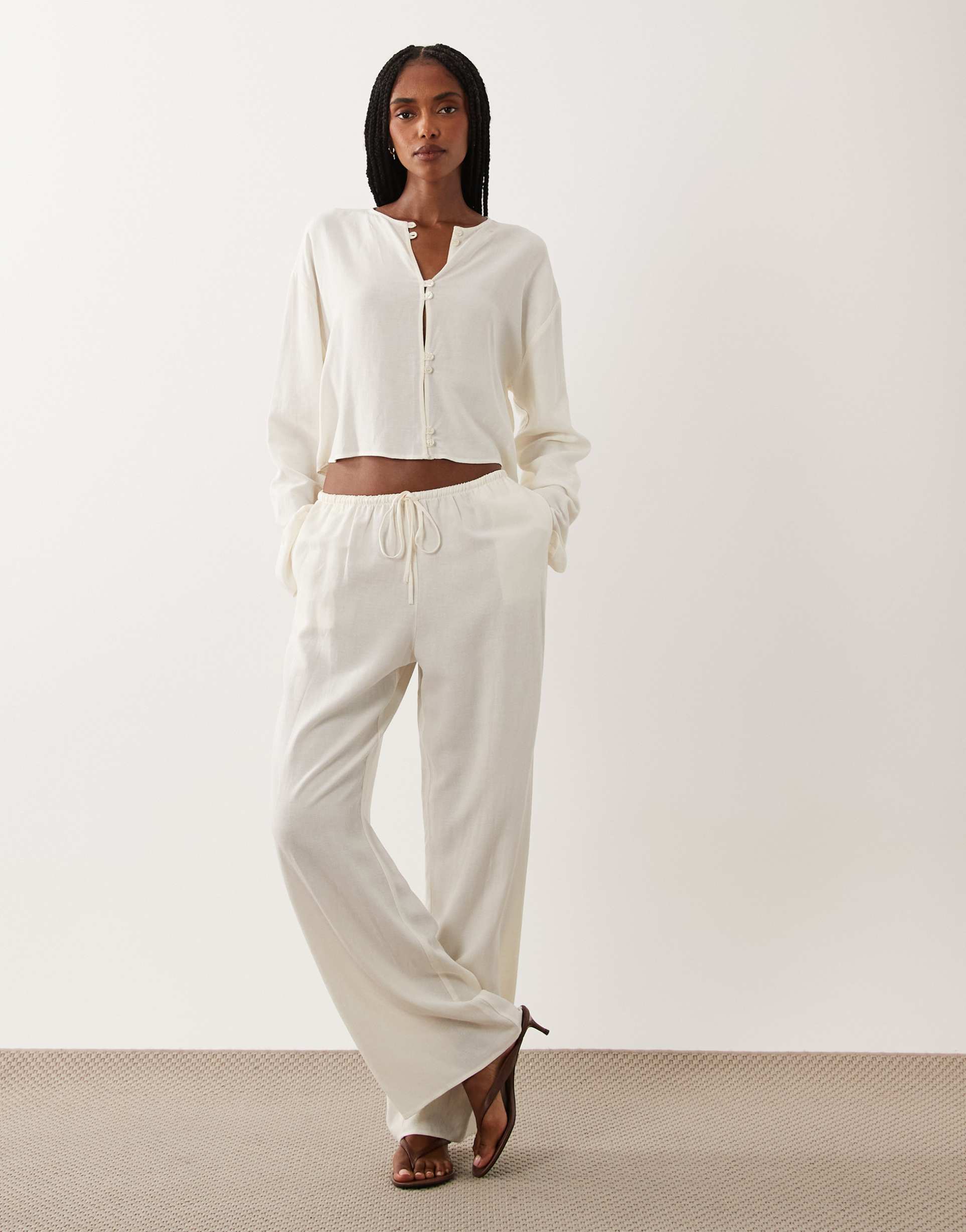 asos design linen blend pull on pants in brown - part of a set