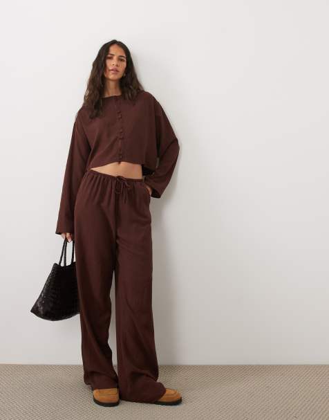 ASOS DESIGN linen blend pull on pants in brown - part of a set - view 1