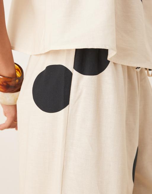 ASOS DESIGN linen blend pull on pants in cream polka dots - part of a set, 3 of 5