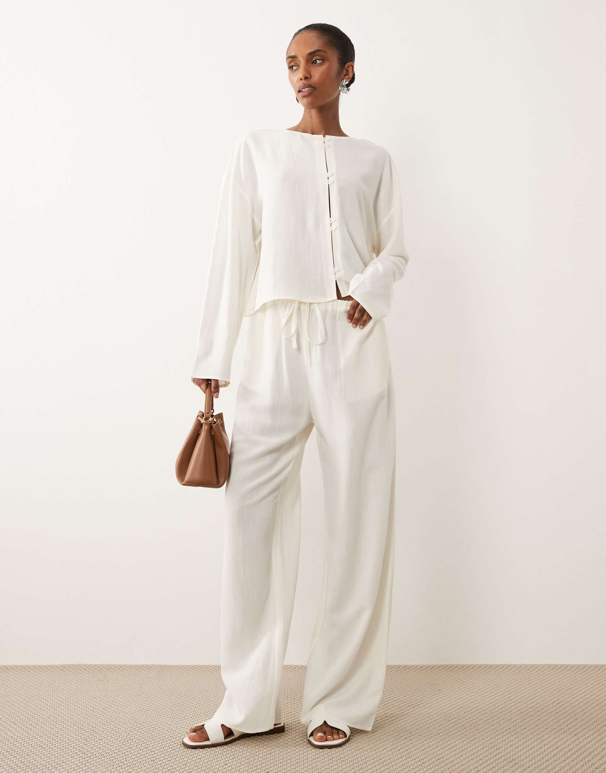 asos design linen blend pull on pants in ecru - part of a set