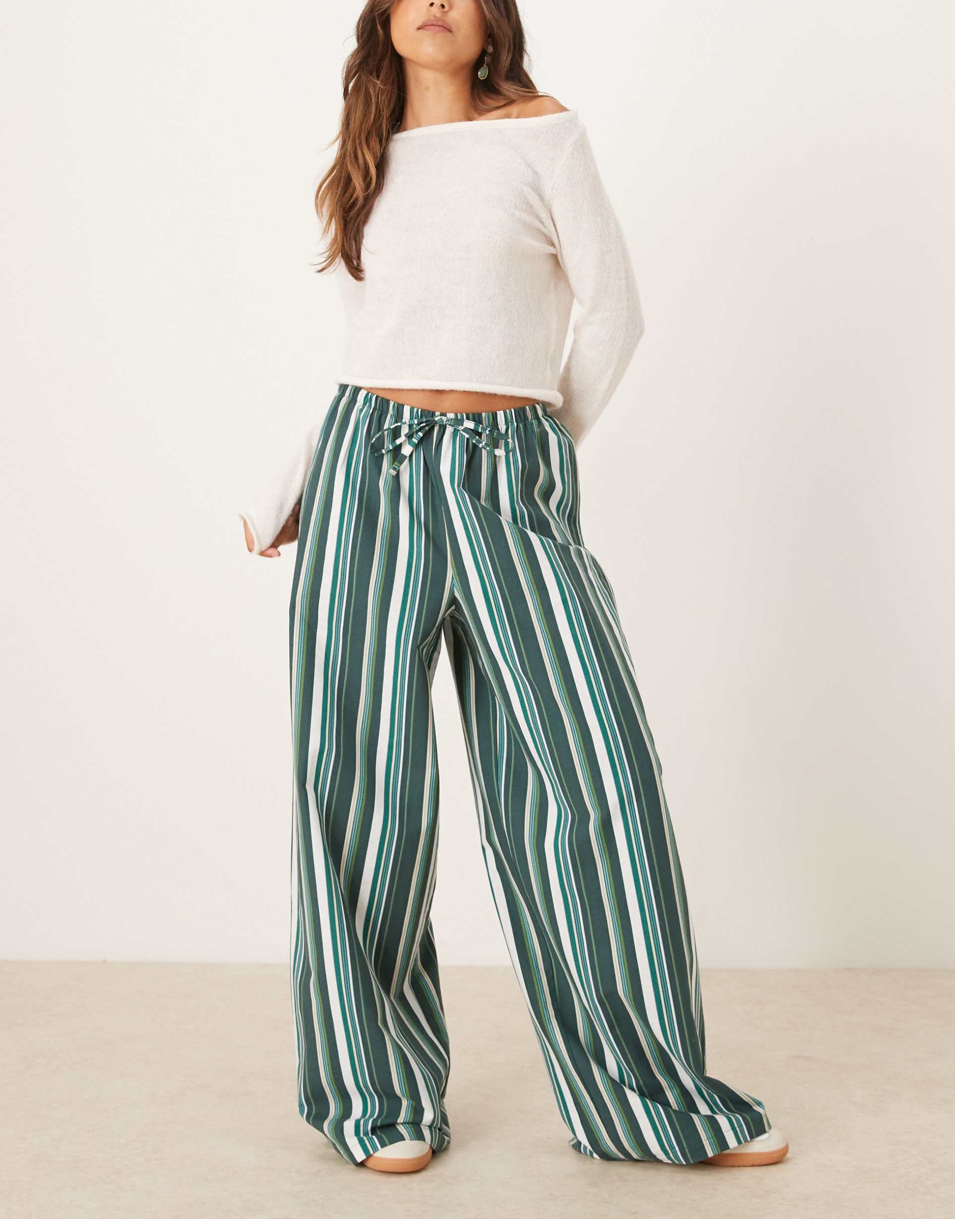 asos design linen blend pull on pants in green stripes