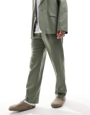 Asos Design Linen Blend Pull On Straight Leg Suit Pants In Green