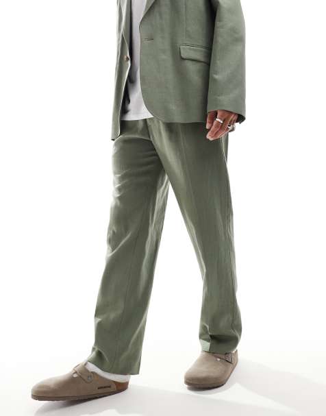 ASOS DESIGN linen blend pull on straight leg suit pants in olive green - view 1