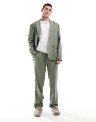 Asos Design Linen Blend Pull On Straight Leg Suit Pants In Green