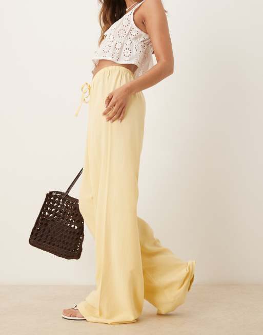 ASOS DESIGN linen blend pull on trouser in buttermilk yellow, 3 of 5