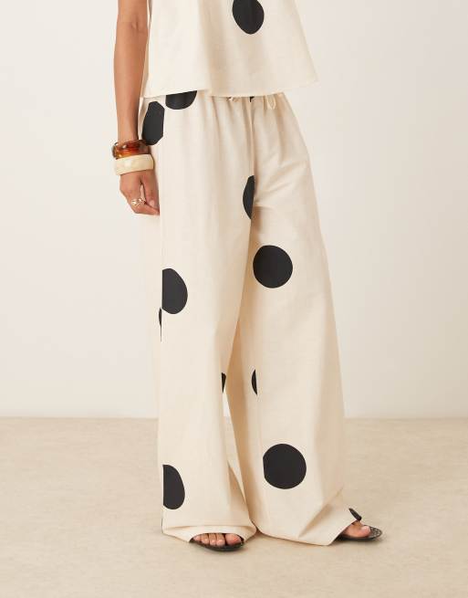 ASOS DESIGN linen blend pull on trouser in cream polka dot co ord