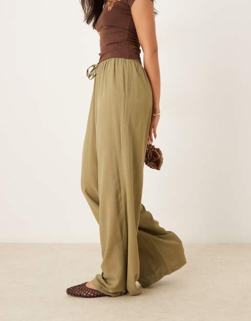 ASOS DESIGN linen blend pull on trouser in khaki, 2 of 5