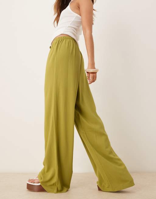 ASOS DESIGN linen blend pull on trouser in olive green, 3 of 5