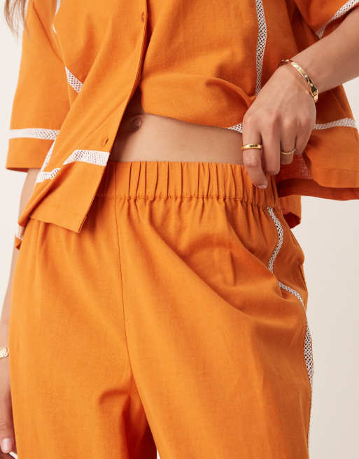 ASOS DESIGN linen blend pull on wide leg pants with contrast trim in terracotta - part of a set, 3 of 4