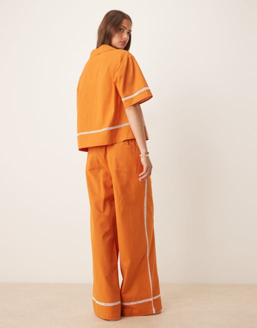 ASOS DESIGN linen blend pull on wide leg pants with contrast trim in terracotta - part of a set, 4 of 4