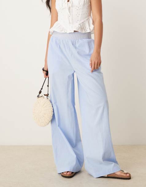 ASOS DESIGN linen blend pull on wide leg pants with shirred contrast waist detail in blue - view 1