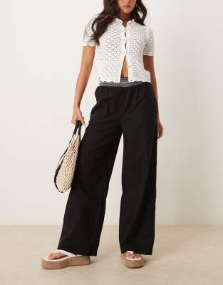 linen blend pull on wide leg pants with shirred waist detail in black with cream trim-Multi
