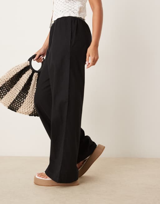 ASOS DESIGN linen blend pull on wide leg pants with shirred waist detail in black with cream, 5 of 5