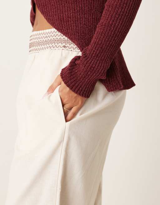 ASOS DESIGN linen blend pull on wide leg pants with shirred waist detail in cream with brown trim, 2 of 5