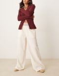 [ASOS DESIGN] ASOS DESIGN linen blend pull on wide leg pants with shirred waist detail in cream with brown-Multi L Cream with Brown