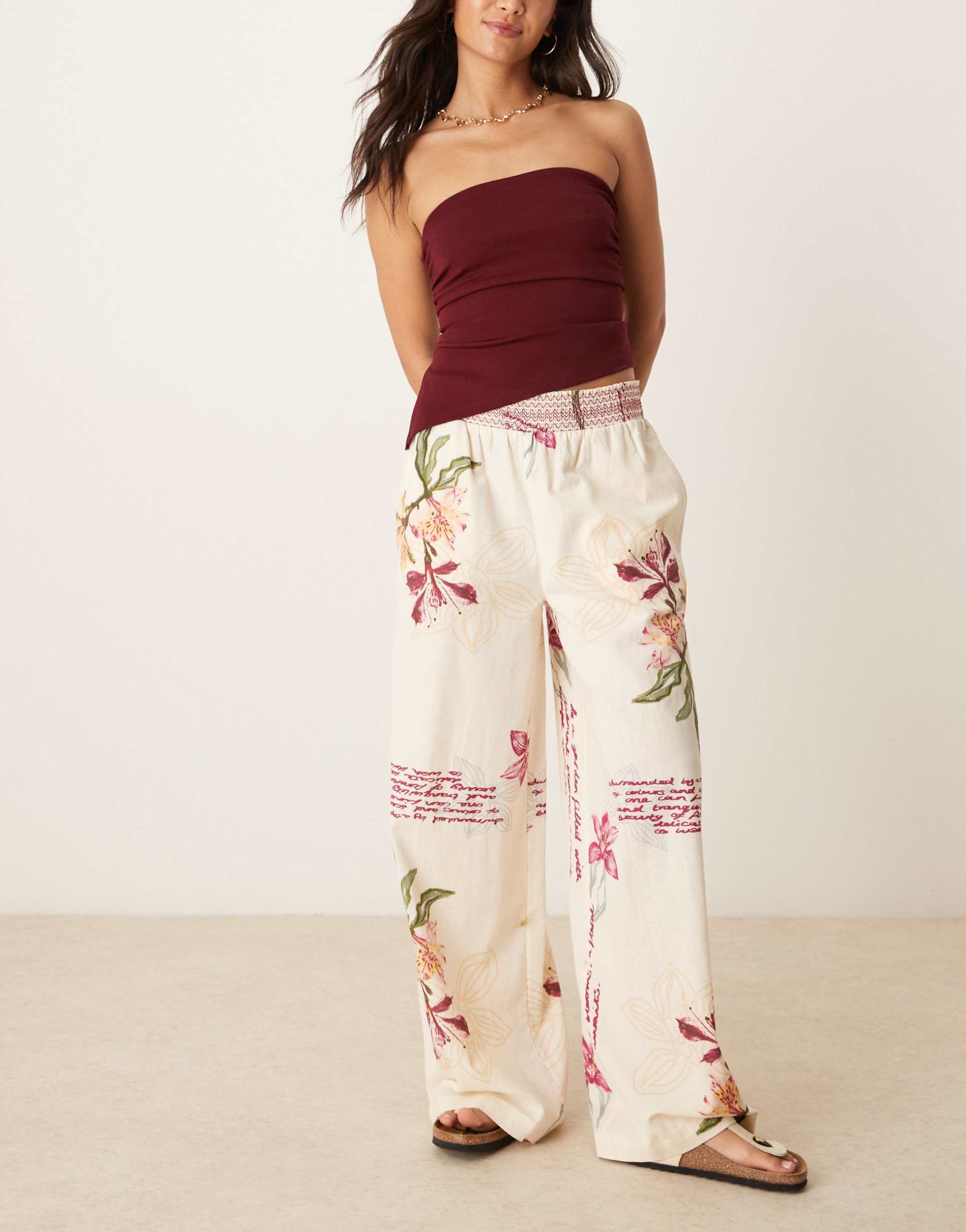 asos design linen blend pull on wide leg pants with shirred waist detail in floral print