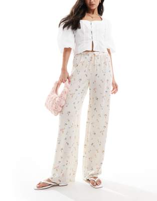 ASOS DESIGN linen blend pull on wide leg trouser in ditsy print-White