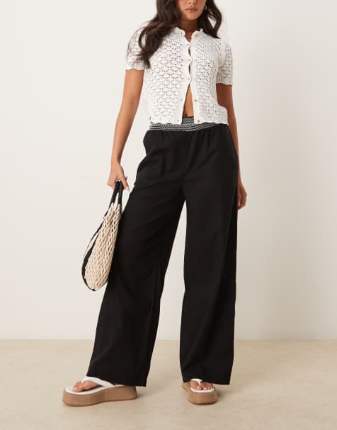 ASOS DESIGN linen blend pull on wide leg trousers with shirred waist detail in black with cream - view 1