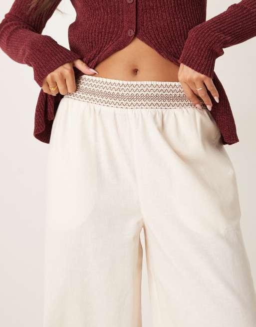 ASOS DESIGN linen blend pull on wide leg trousers with shirred waist detail in cream with brown, 4 of 5