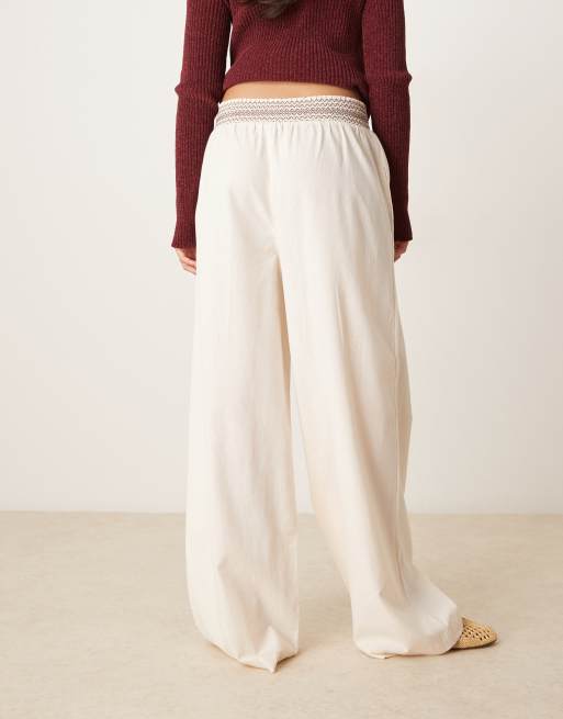 ASOS DESIGN linen blend pull on wide leg trousers with shirred waist detail in cream with brown, 5 of 5