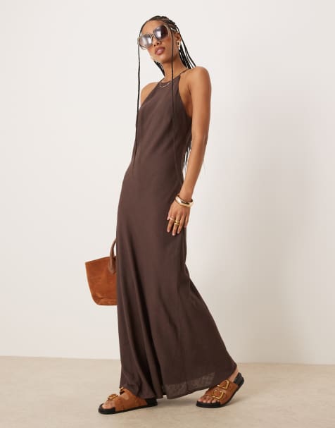 ASOS DESIGN linen-blend racer maxi sundress in bitter chocolate - view 1