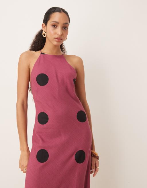 ASOS DESIGN linen blend racer neck maxi sundress in purple polka dot, 3 of 4