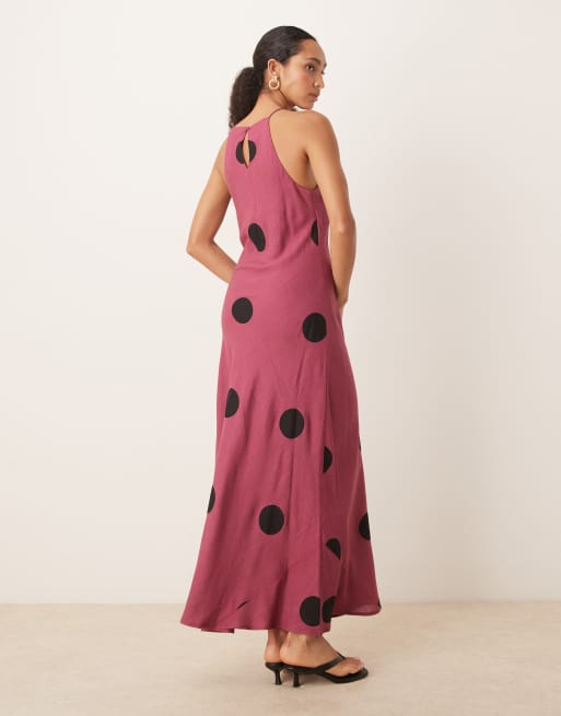 ASOS DESIGN linen blend racer neck maxi sundress in purple polka dot