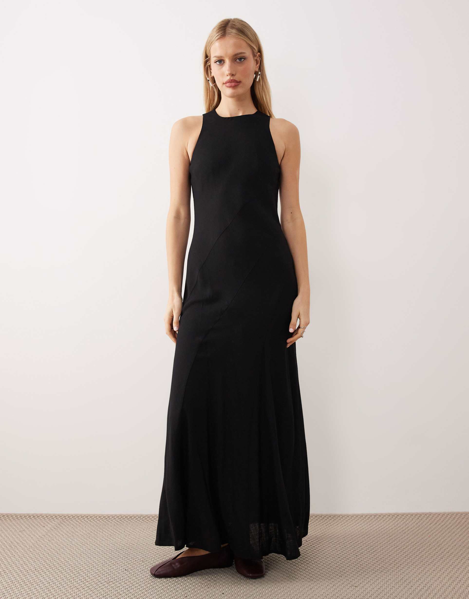asos design linen blend racer neck maxi sundress with godets in black