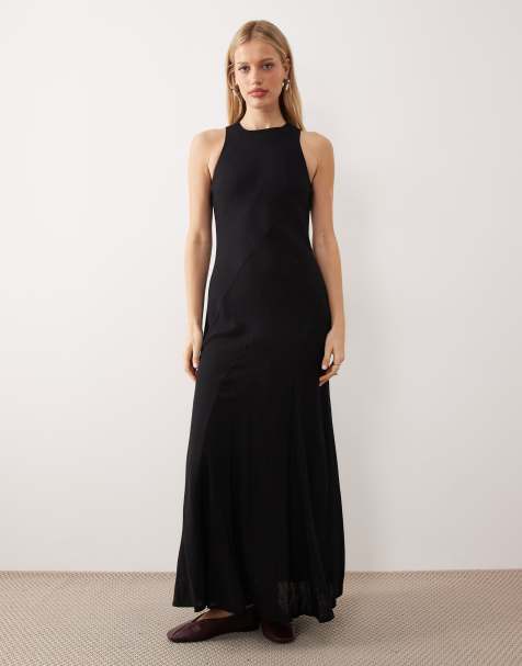 ASOS DESIGN linen blend racer neck maxi sundress with godets in black 