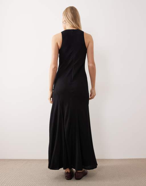 ASOS DESIGN linen blend racer neck maxi sundress with godets in black , 4 of 4