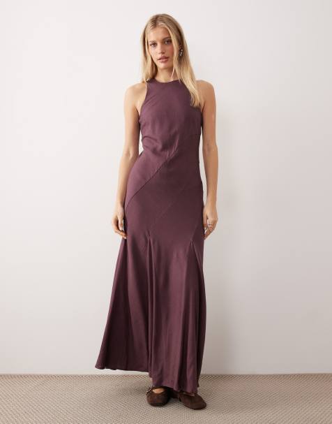 ASOS DESIGN linen blend racer neck maxi sundress with godets in plum