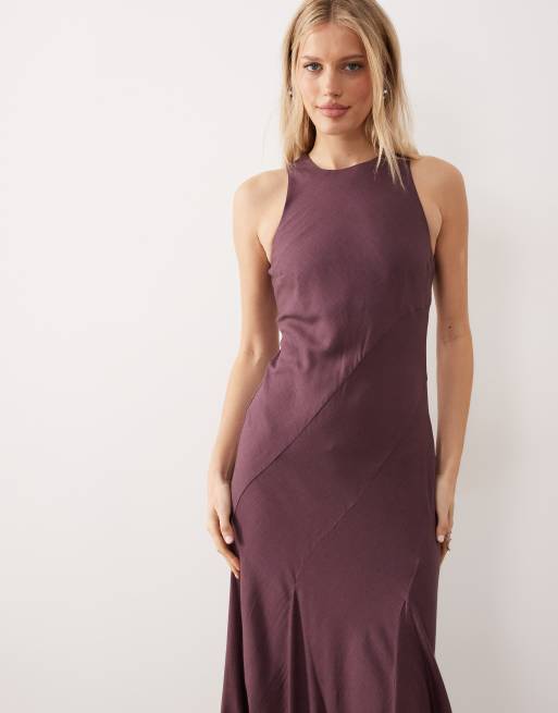 ASOS DESIGN linen-blend racer neck maxi sundress with godets in plum, 2 of 4