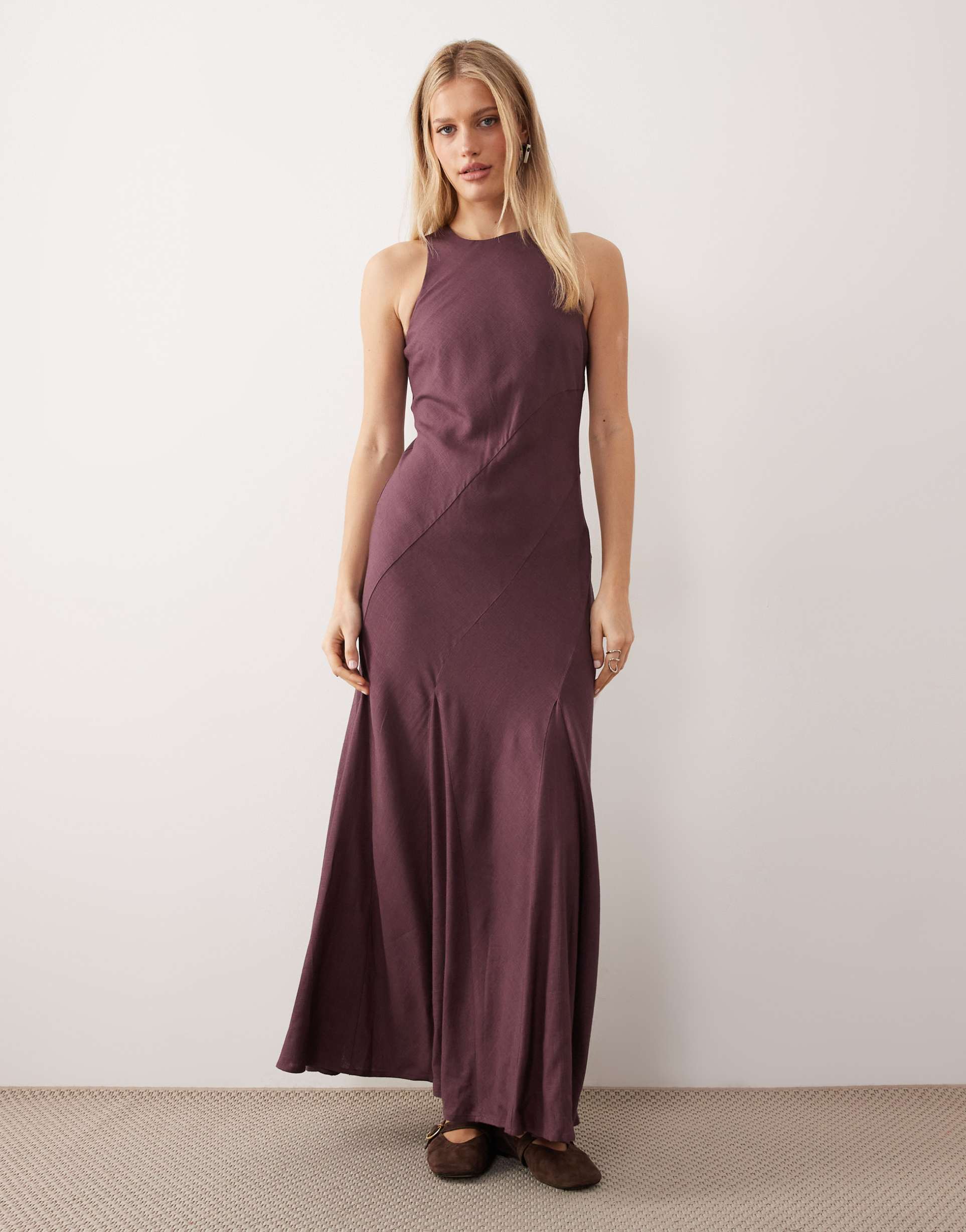 asos design linen blend racer neck midaxi sundress with godets in plum