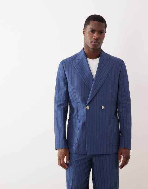 ASOS DESIGN linen blend regular double breasted suit jacket in blue stripes - view 1