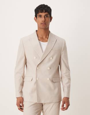 ASOS DESIGN linen blend regular suit jacket in stone-Neutral