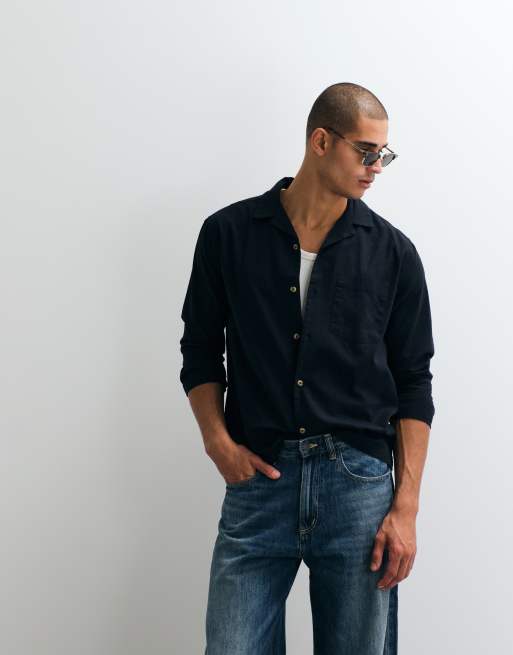 ASOS DESIGN linen blend relaxed camp collar shirt in black - part of a set, 5 of 5