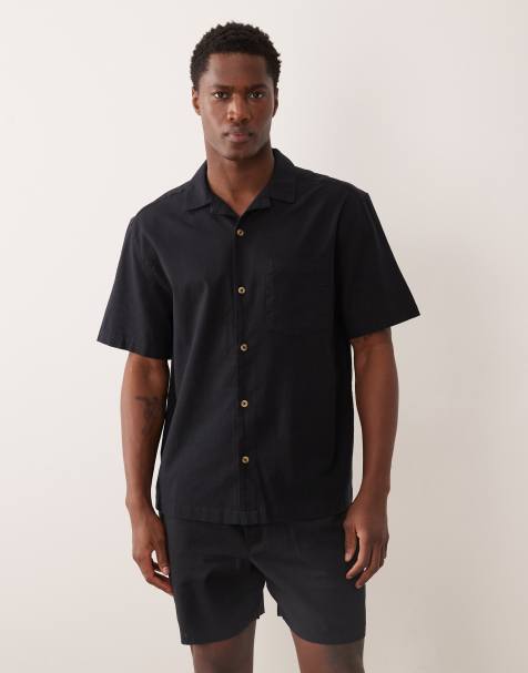 ASOS DESIGN linen blend relaxed camp collar shirt in black - part of a set - view 1