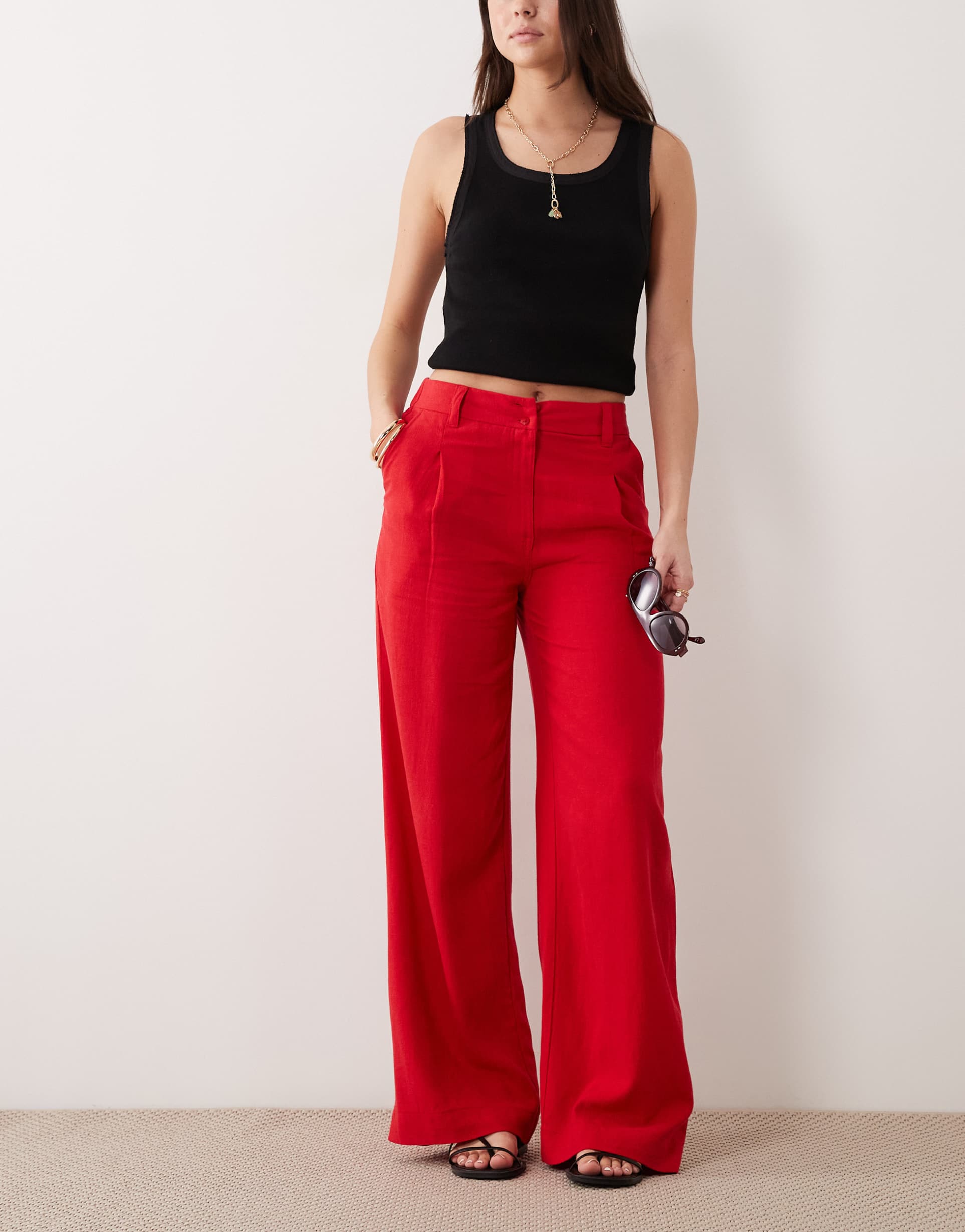 asos design linen blend relaxed straight leg pants in red