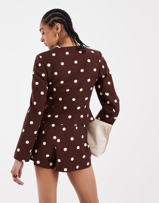 ASOS DESIGN linen blend round neck blazer in brown polka dot, 2 of 4