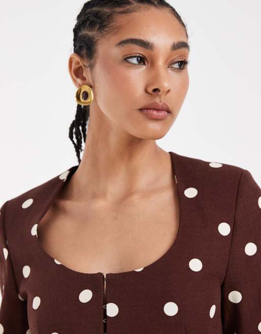 ASOS DESIGN linen blend round neck blazer in brown polka dot, 4 of 4