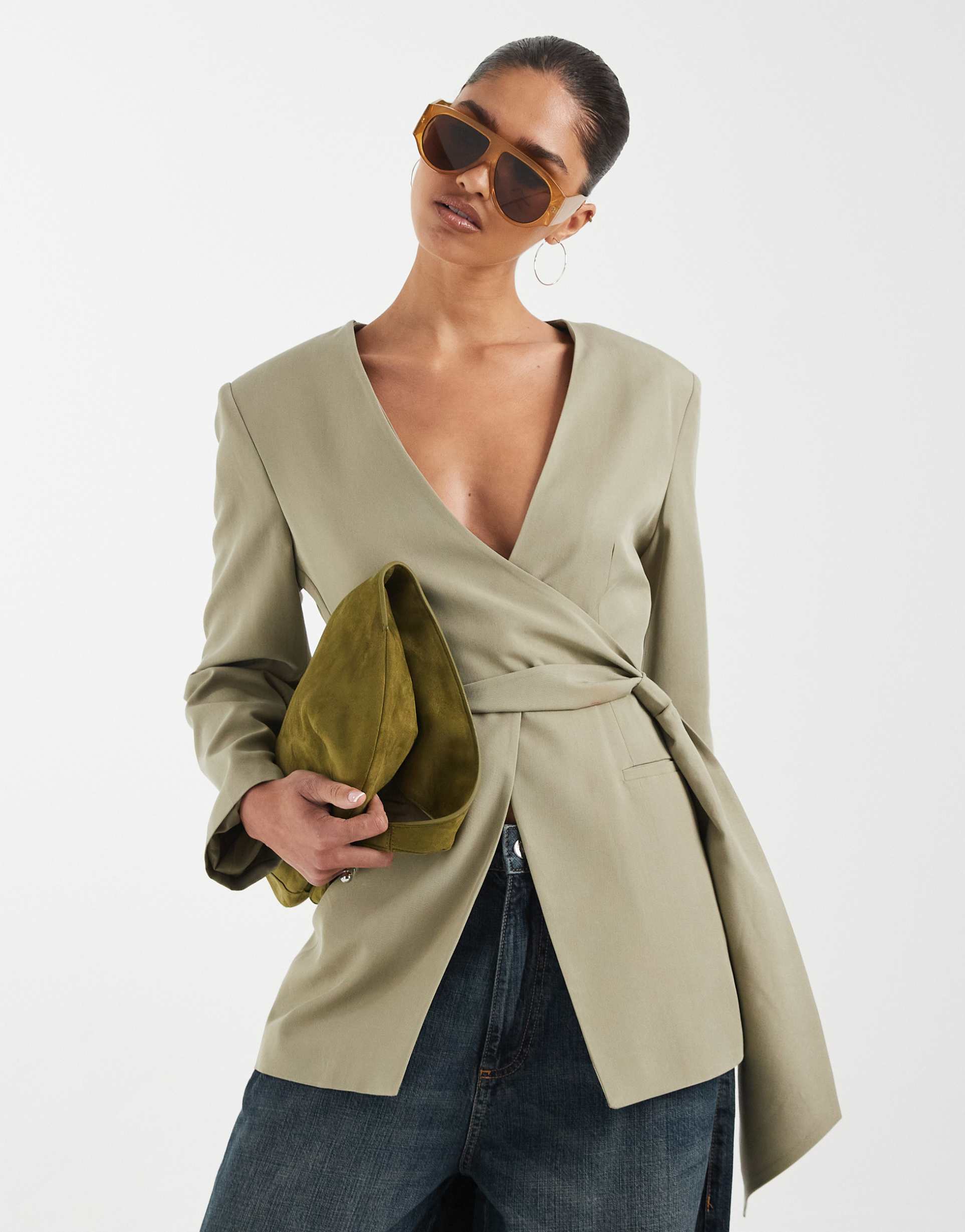 asos design linen blend round neck blazer in cream polka dot print