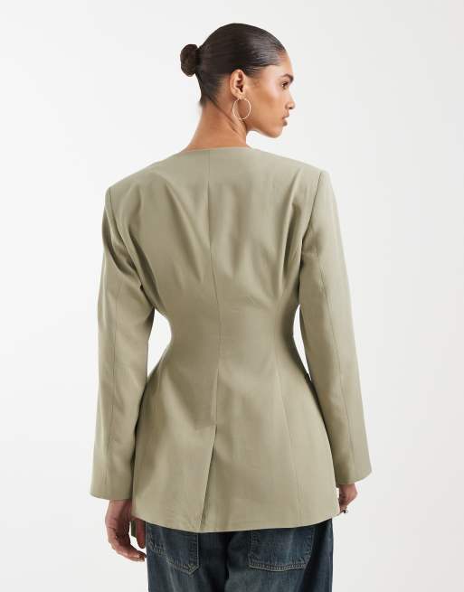 ASOS DESIGN linen blend round neck blazer in cream polka dot print, 4 of 4