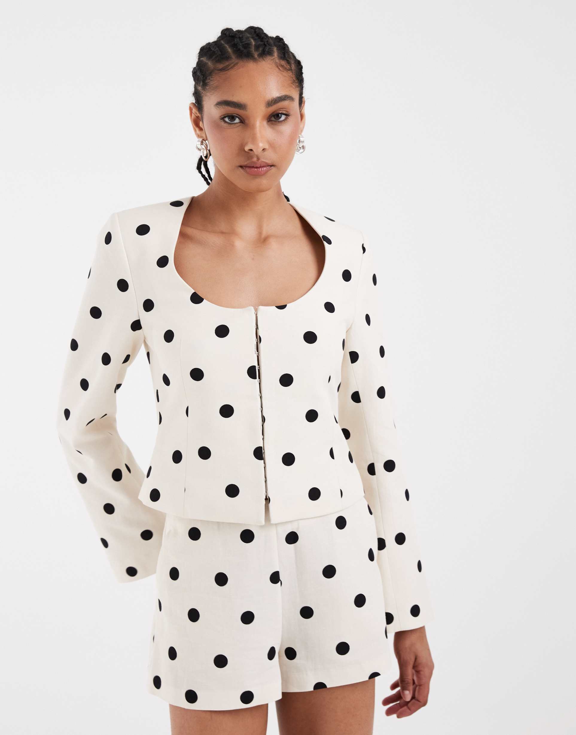 asos design linen blend round neck blazer in cream polka dot print