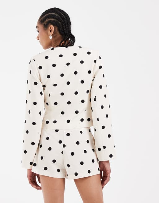 ASOS DESIGN linen blend round neck blazer in cream polka dot, 3 of 4